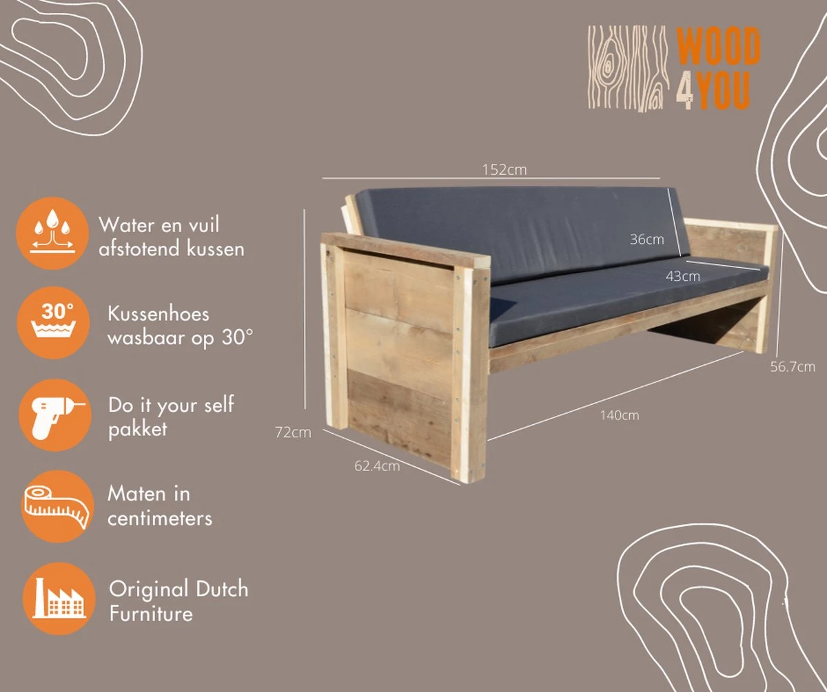 Wood4you - Tuinbank - Ameland - 'Doe Het Zelf' Bouwpakket Steigerhout 152Lx72Hx57D Cm - Incl Kussen 7 Wood4you - Tuinbank - Ameland - 'Doe Het Zelf' Bouwpakket Steigerhout 152Lx72Hx57D Cm - Incl Kussen - Image 5