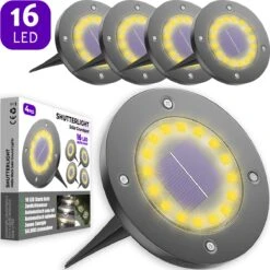 Shutterlight® 16 LED Solar Grondspot - Tuinverlichting - Zonlichtsensor - Zonne-energie - Matte Zwart - Warm Wit Licht - 4 Stuks - Buiten