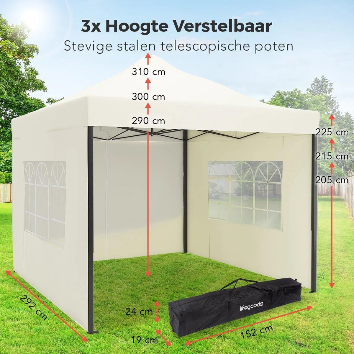 LifeGoods Partytent - 3x3 M - Zijwanden - Easy Up - Opvouwbaar - Waterdicht - Draagtas Met Wieltjes - Beige 5 LifeGoods Partytent - 3x3 M - Zijwanden - Easy Up - Opvouwbaar - Waterdicht - Draagtas Met Wieltjes - Beige - Image 3