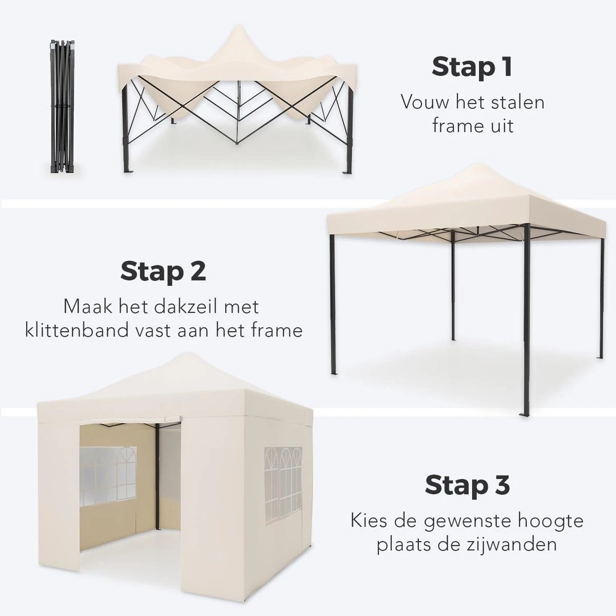 LifeGoods Partytent - 3x3 M - Zijwanden - Easy Up - Opvouwbaar - Waterdicht - Draagtas Met Wieltjes - Beige 6 LifeGoods Partytent - 3x3 M - Zijwanden - Easy Up - Opvouwbaar - Waterdicht - Draagtas Met Wieltjes - Beige - Image 4