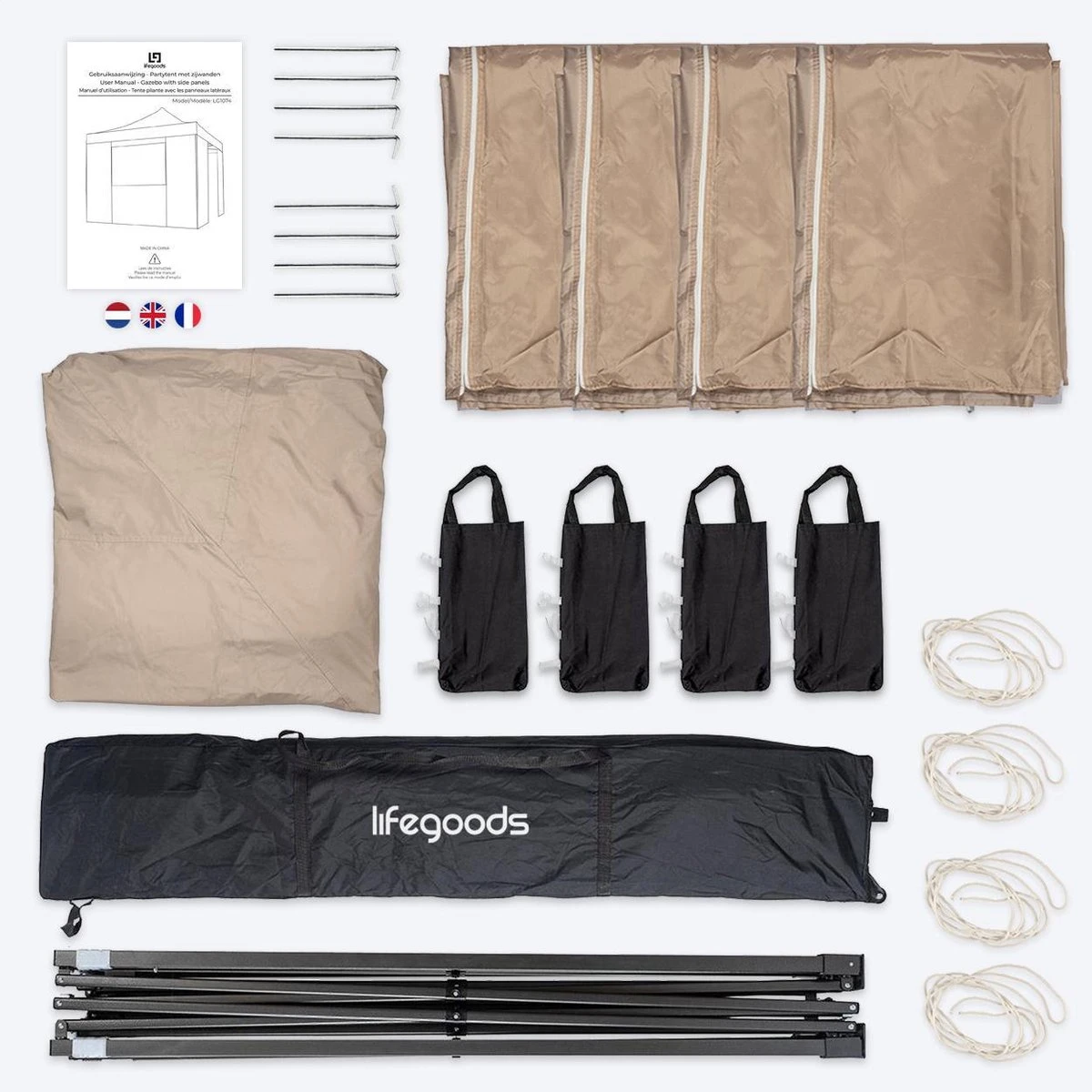 LifeGoods Partytent - 3x3 M - Zijwanden - Easy Up - Opvouwbaar - Waterdicht - Draagtas Met Wieltjes - Beige 13 LifeGoods Partytent - 3x3 M - Zijwanden - Easy Up - Opvouwbaar - Waterdicht - Draagtas Met Wieltjes - Beige - Image 11