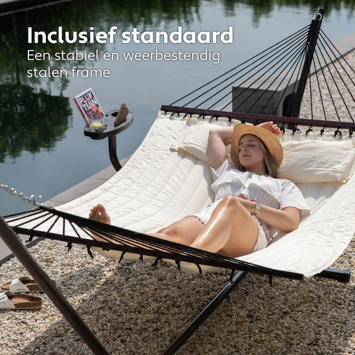 Vita5 Hangmat Met Standaard En Spreidstok – 2 Persoons – Incl. Bekerhouder - Afneembaar Kussen – Uv-bestendig – Beige 5 Vita5 Hangmat Met Standaard En Spreidstok – 2 Persoons – Incl. Bekerhouder - Afneembaar Kussen – Uv-bestendig – Beige - Image 3