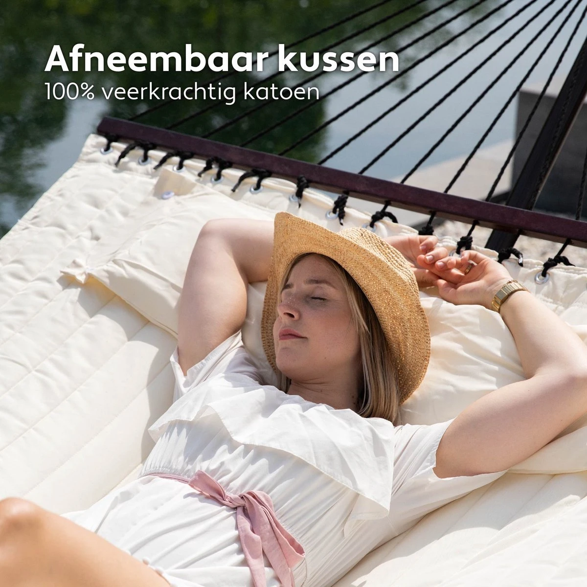 Vita5 Hangmat Met Standaard En Spreidstok – 2 Persoons – Incl. Bekerhouder - Afneembaar Kussen – Uv-bestendig – Beige 7 Vita5 Hangmat Met Standaard En Spreidstok – 2 Persoons – Incl. Bekerhouder - Afneembaar Kussen – Uv-bestendig – Beige - Image 5