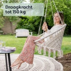Vita5 Macramé Hangstoel - Voor Binnen En Buiten - Zonder Standaard - Incl. Kussen, Boekenvak En Beschermhoes - Tot 150kg - Beige -Tuinmeubel Verkoop 1200x1200 217