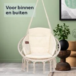 Vita5 Macramé Hangstoel - Voor Binnen En Buiten - Zonder Standaard - Incl. Kussen, Boekenvak En Beschermhoes - Tot 150kg - Beige -Tuinmeubel Verkoop 1200x1200 218