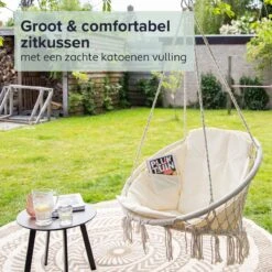 Vita5 Macramé Hangstoel - Voor Binnen En Buiten - Zonder Standaard - Incl. Kussen, Boekenvak En Beschermhoes - Tot 150kg - Beige -Tuinmeubel Verkoop 1200x1200 219